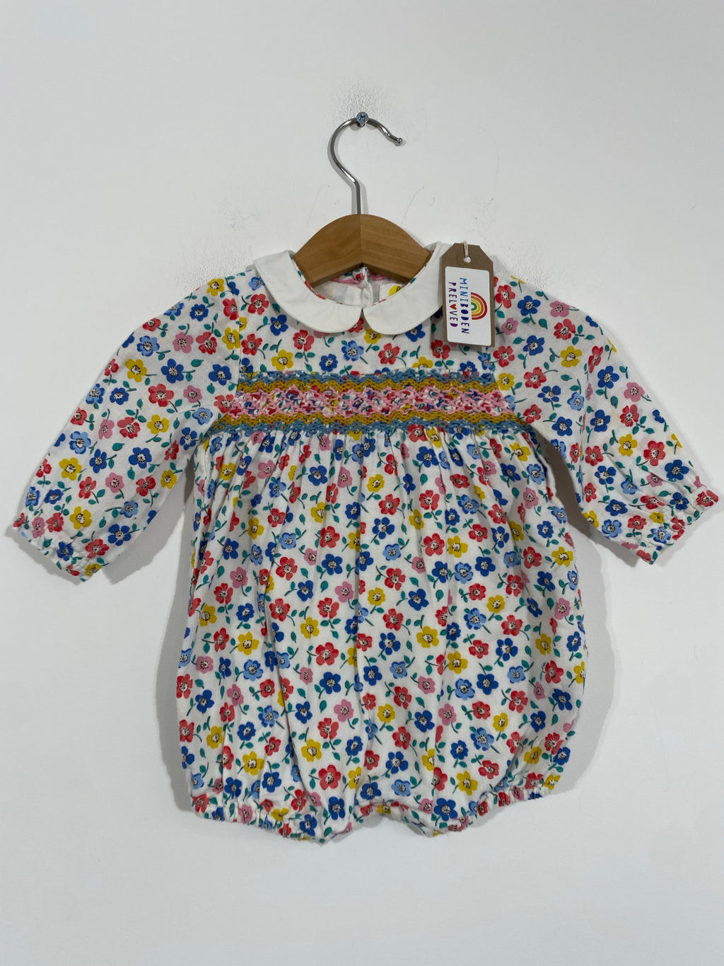 Beautiful Smocked Floral Romper Outfit With Peter Pan Collar (0-3 Months)