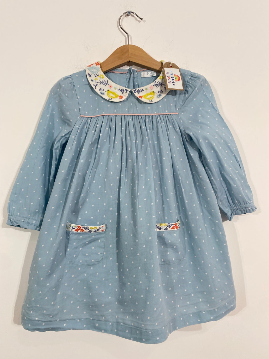 Beautiful Blue Polka Dot Floral Dress With Embroidered Chicks Collar (18-24 Months)