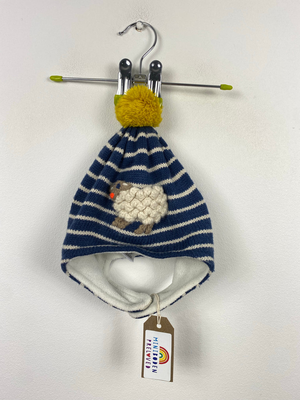 Knitted Navy Stripy Knitted Crochet Sheep Bobble Hat & Mittens (12-24 Months)