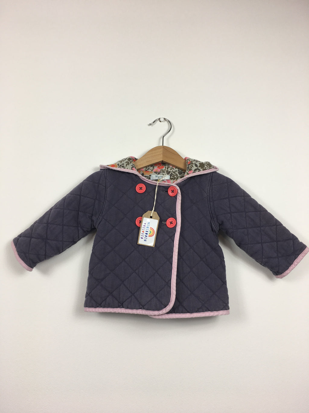 Plum Quilted Hooded Jacket With Floral Lining (3-6 Months)